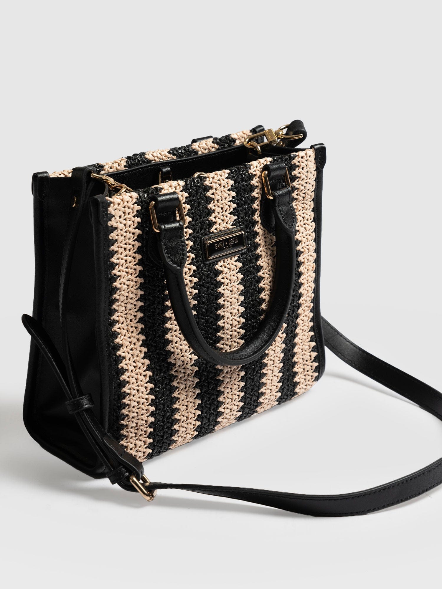 Mia Mini Tote Bag Beige/Black Raffia- Women's Bags | Saint + Sofia® USA